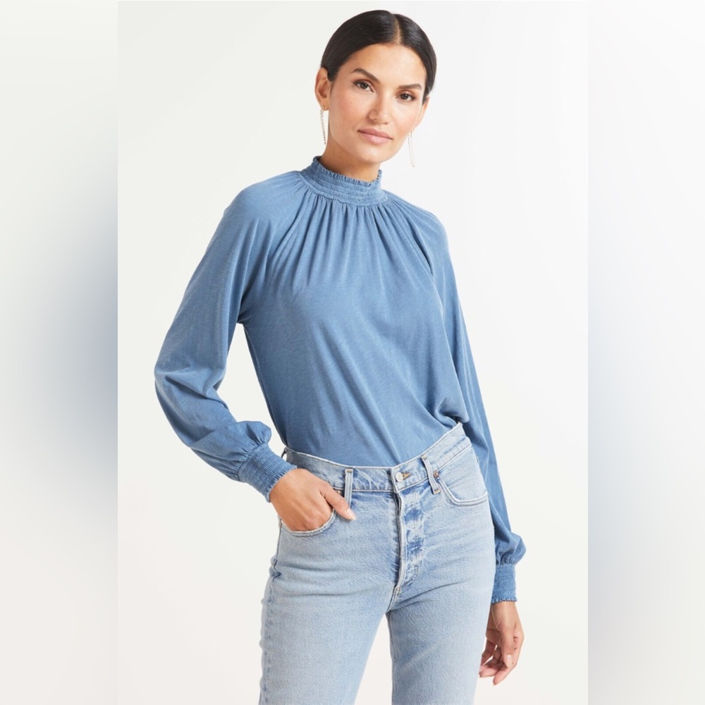 Sundry for Evereve Smocked Raglan Cotton Mockneck Long Sleeve Top 1 Small $118